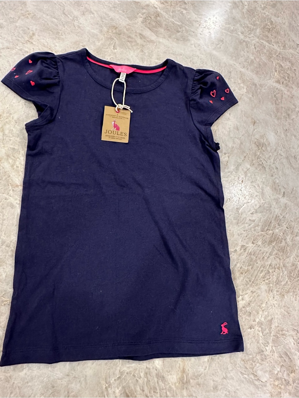 NWT Joules Navy Short Sleeve Tee with Pink Heart Sleeve Detail